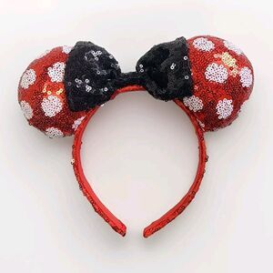 Disney MINNIE MOUSE EARS HEADBAND Red & White Sequined Polka Dots & A Black Bow